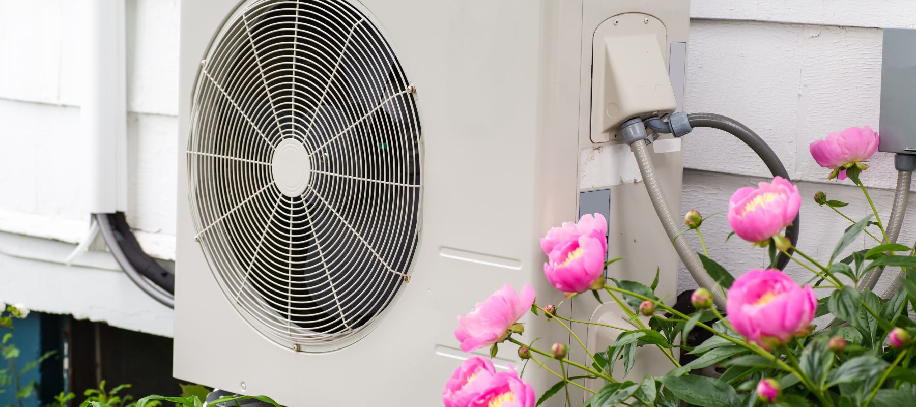 heat pump outside next to pink flowers in the garden