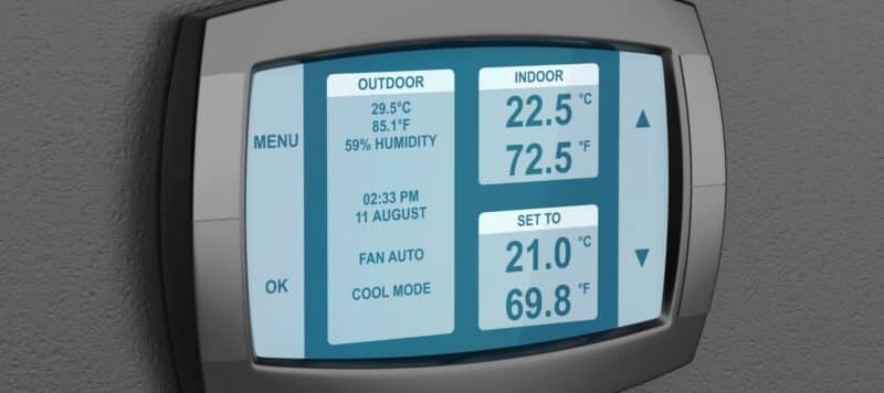 smart thermostat close up. Thermostat displaying the various temperatures