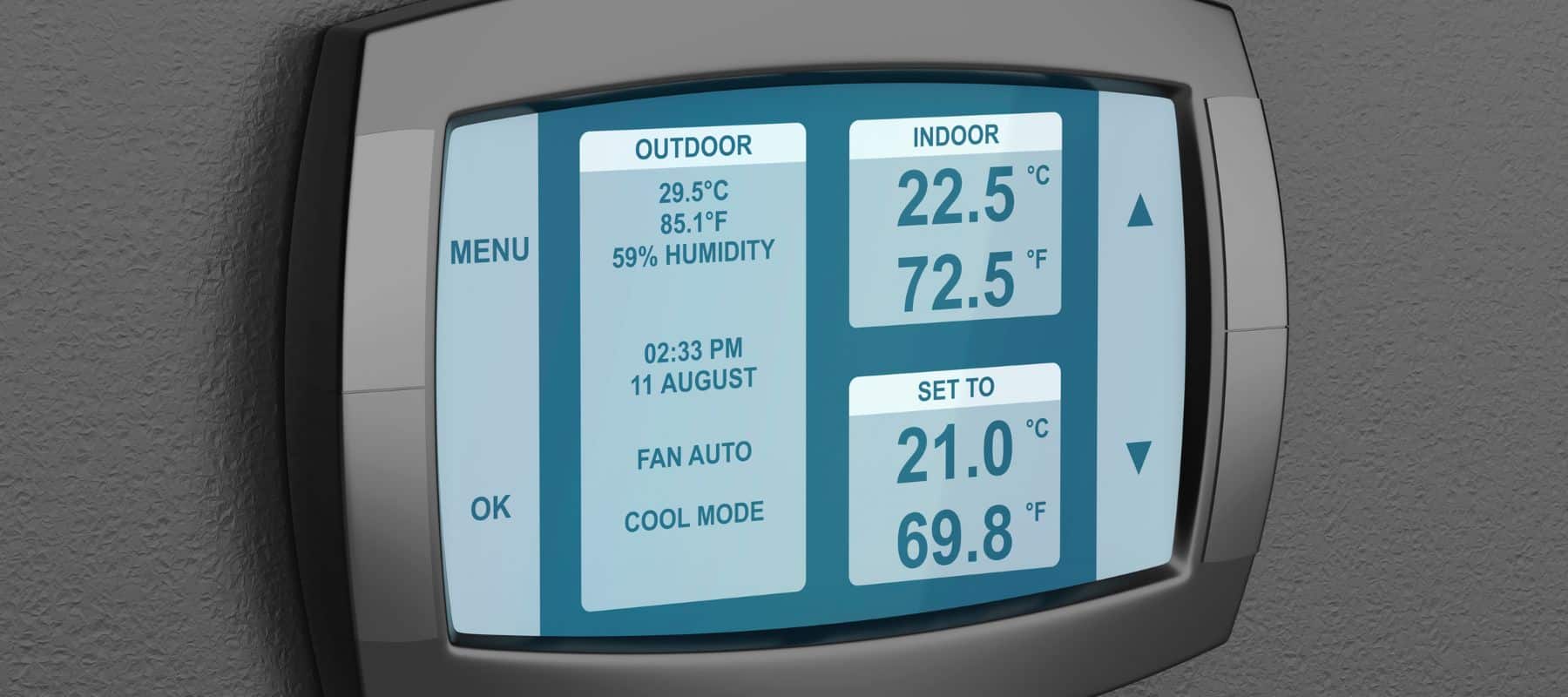smart thermostat close up. Thermostat displaying the various temperatures