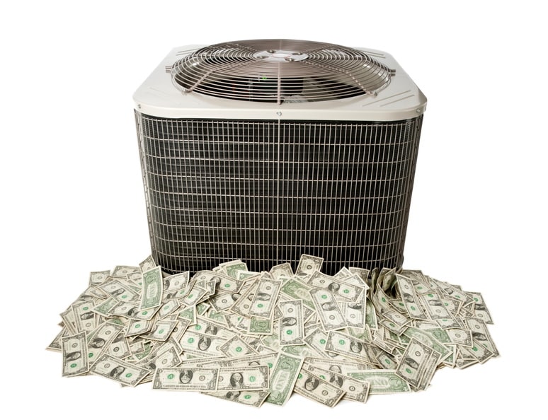 ac unit with a pile of one dollar bills piled in front of it