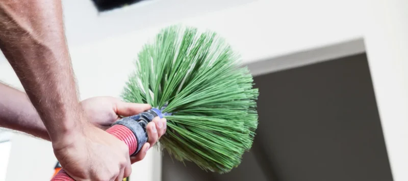A person holds a red-handled brush with green bristles, possibly used for cleaning, in front of a white wall and a dark doorway or vent in the background.