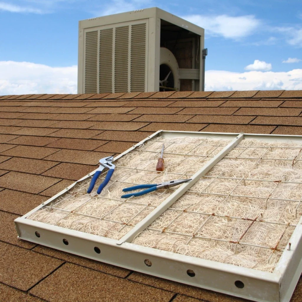 A rooftop evaporative cooler is visible in the background, with its filter cover removed in the foreground. Pliers, a screwdriver, and wire cutters are placed on top of the filter, which rests on brown roof shingles under a blue sky.